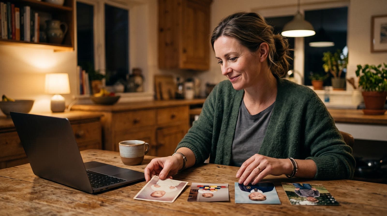 A mother at a kitchen table in the evening, smiling as she lays out printed photos of her son at different ages next to a laptop
