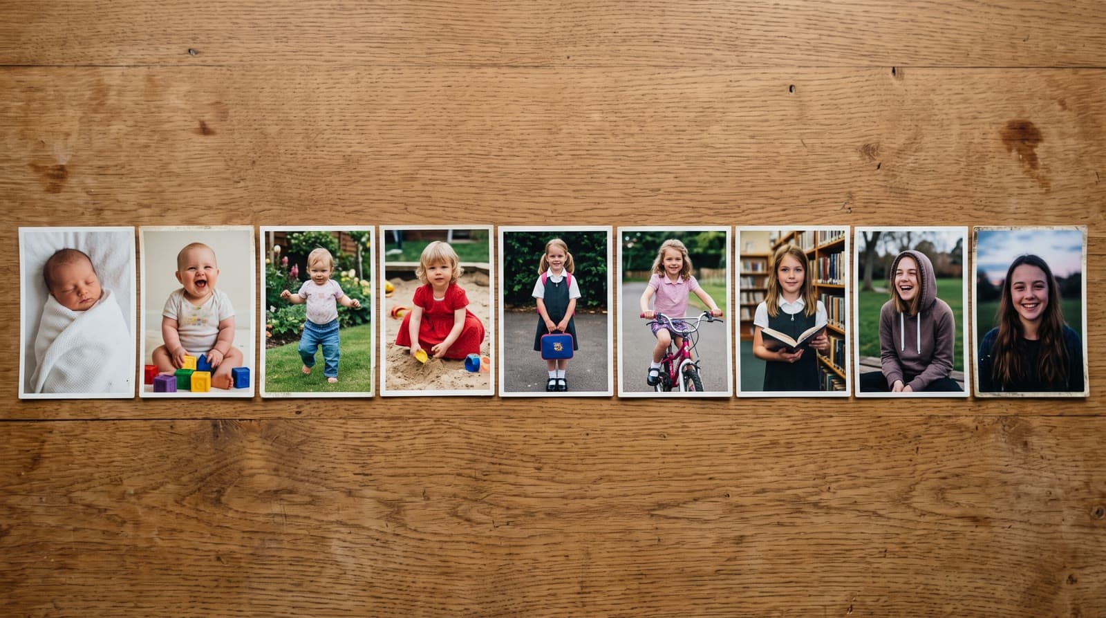 A row of printed photos of the same girl at different ages, from newborn to teenager, on a wooden table