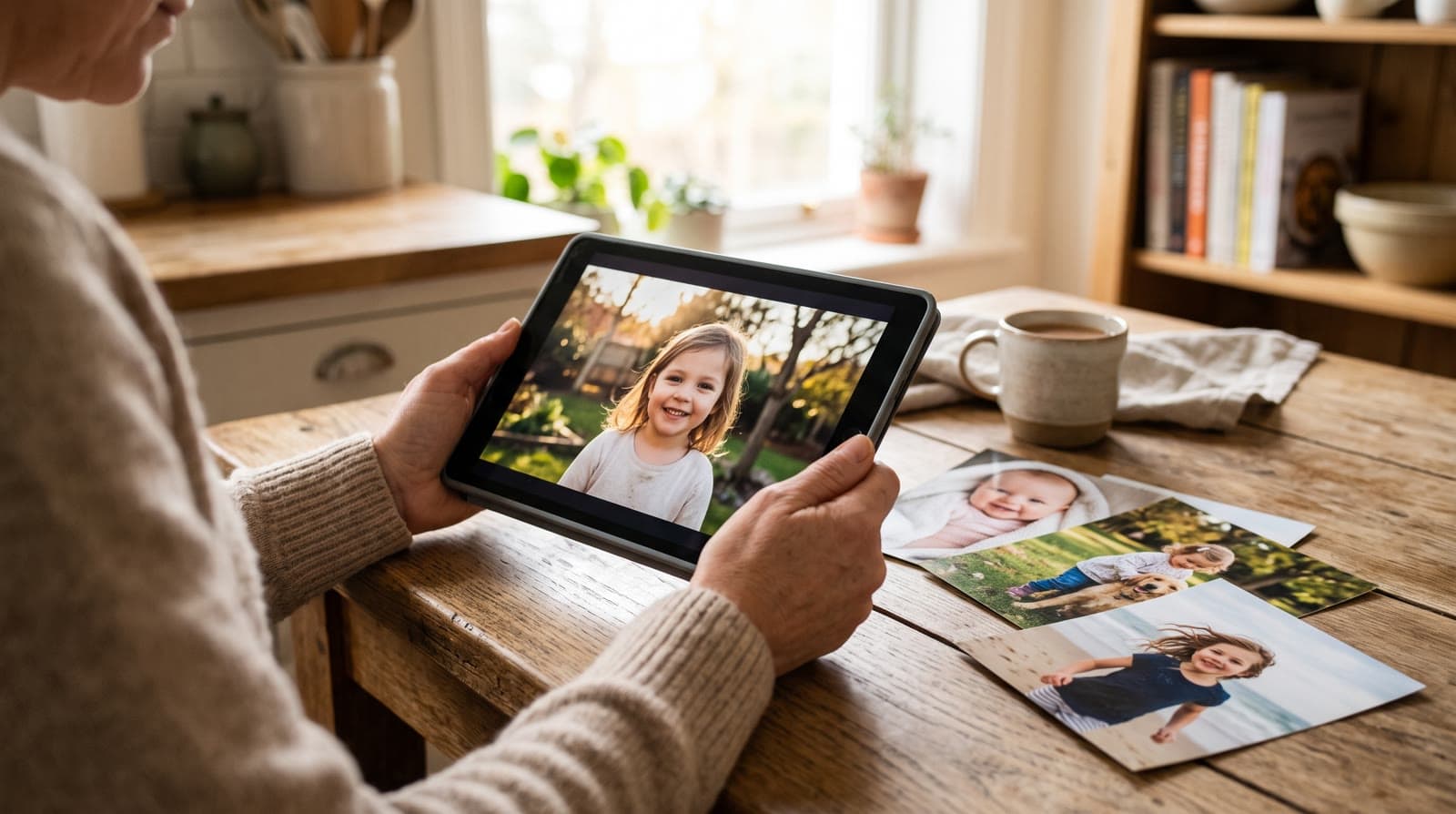 A woman at a kitchen table holding a tablet with a photo of a young girl, printed photos of the same girl beside it