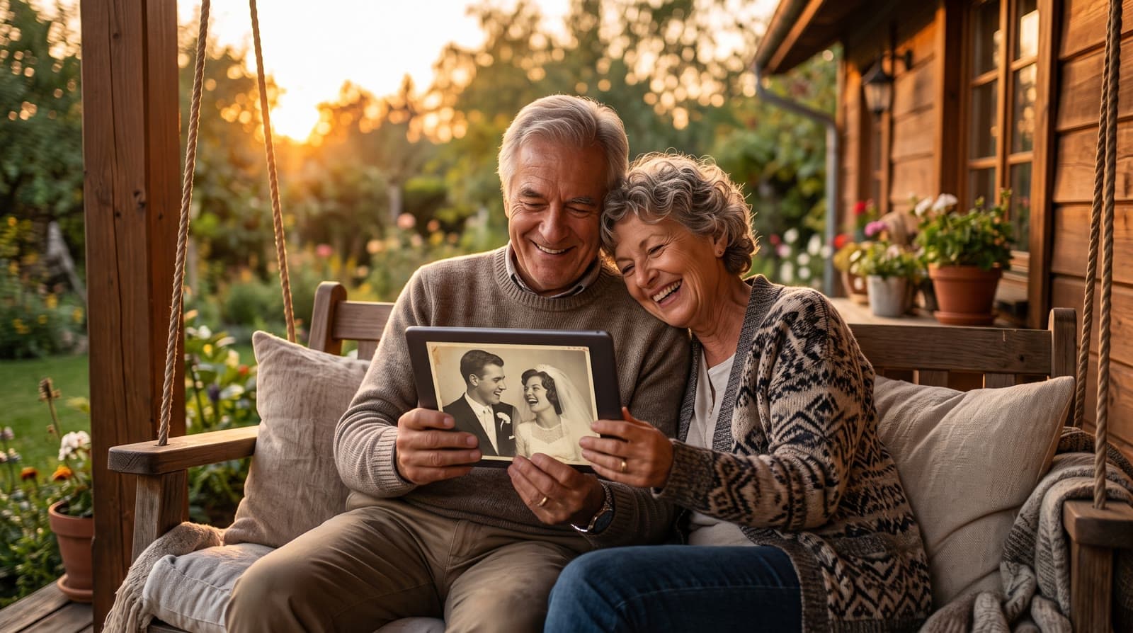An older couple on a porch swing at sunset smiling at their wedding photo on a tablet
