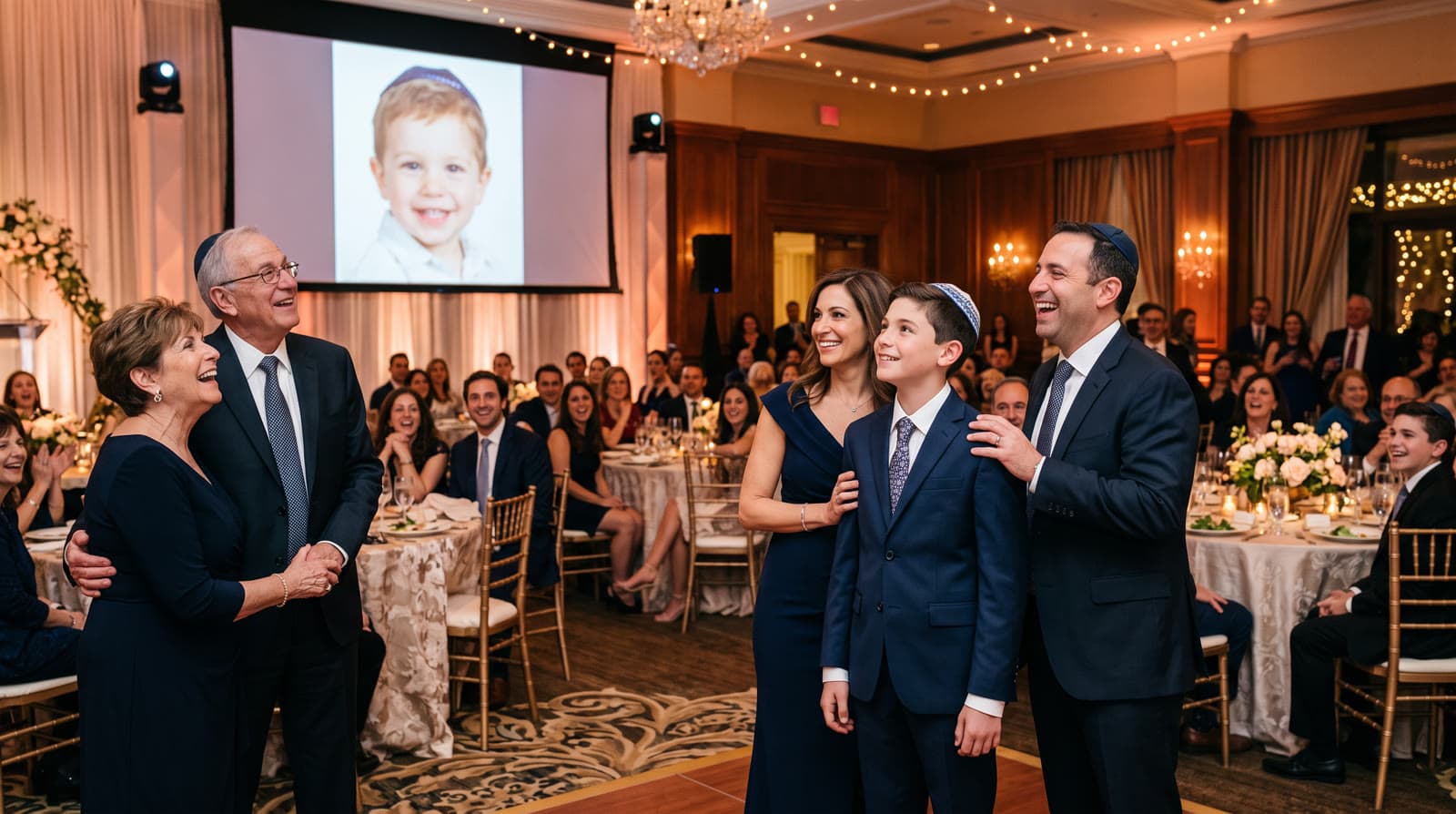 A bar mitzvah boy with his parents and grandparents looking up at a big screen showing his toddler photo
