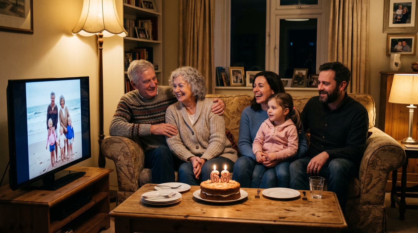 An older couple on the sofa smiling at an old family photo on the TV, with their family beside them and a birthday cake on the table