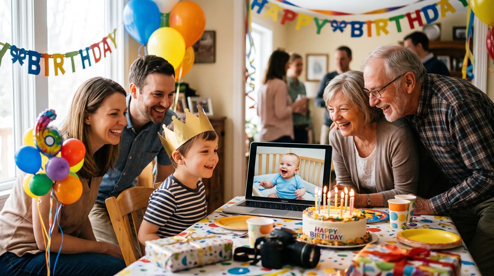 A boy in a paper crown at his birthday party watching his own baby photo on a laptop, with his parents and grandparents