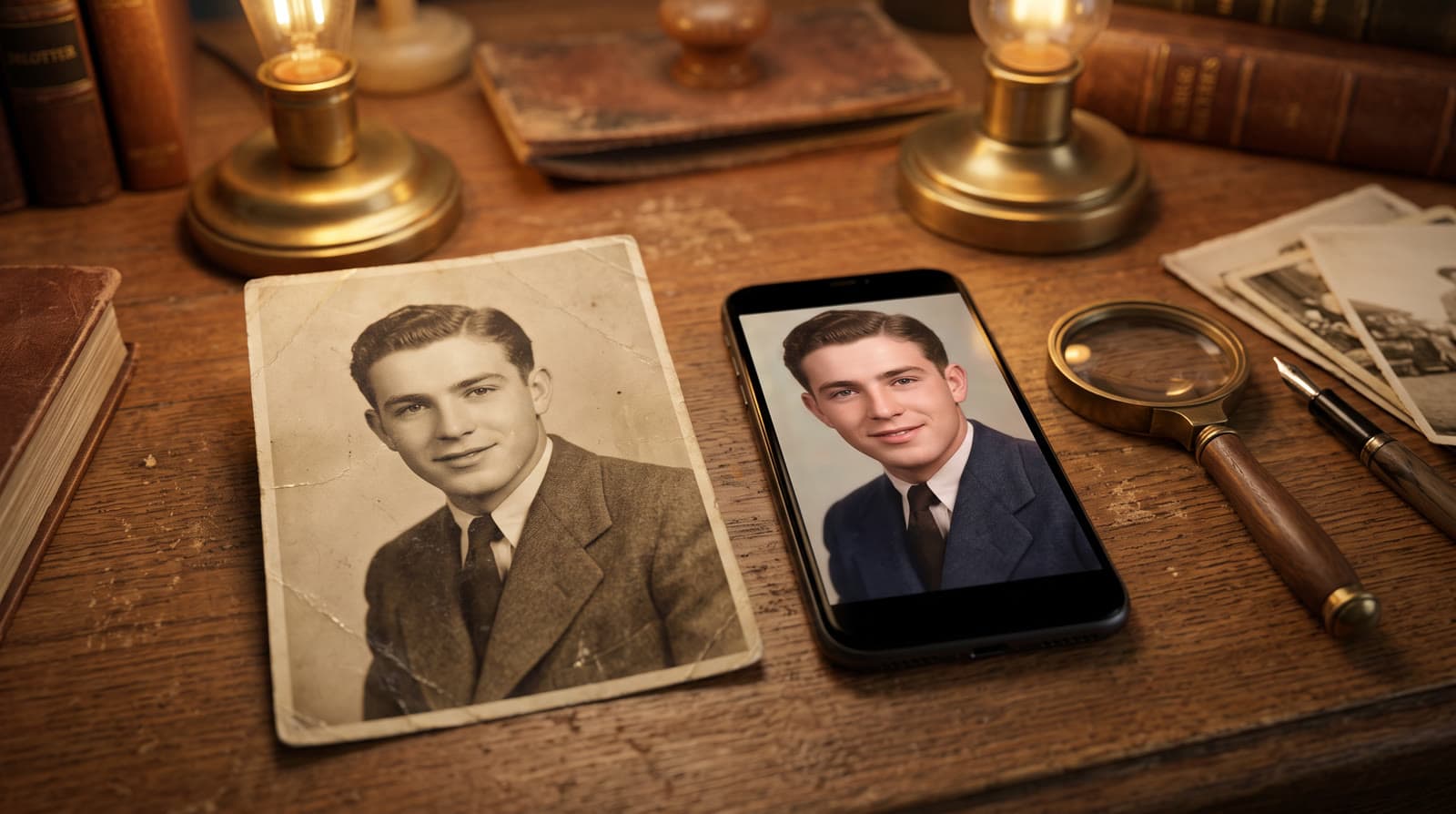 An old sepia portrait of a young man on a desk next to a phone showing the same portrait in color