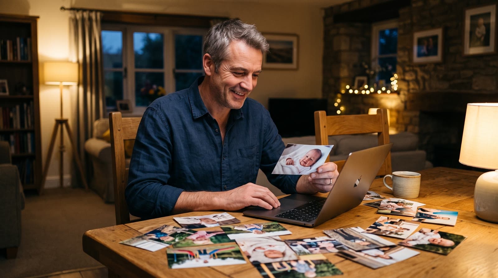 A father at a laptop in the evening, smiling at a baby photo, with printed family photos spread on the table