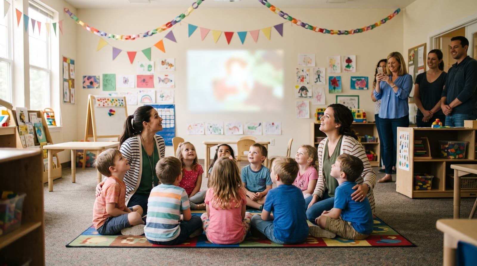 Preschool children and their teachers sitting on a rug at an end-of-year party, with parents watching from the back of the classroom