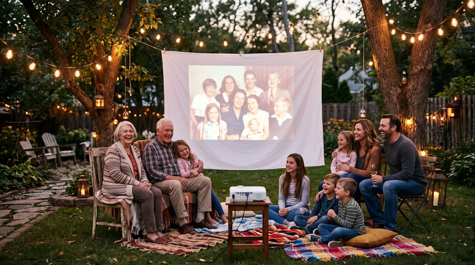 Three generations of a family in a backyard at dusk watching an old family photo projected on a sheet under string lights