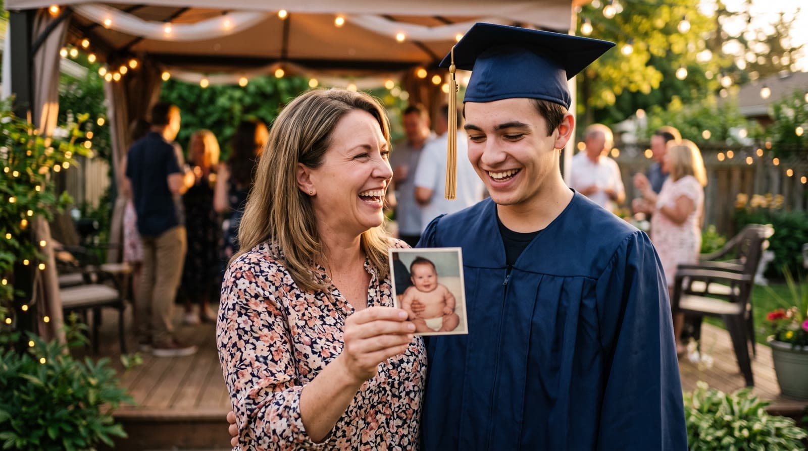A mother holding up her son's baby photo next to him as he smiles in his graduation cap and gown at a backyard party