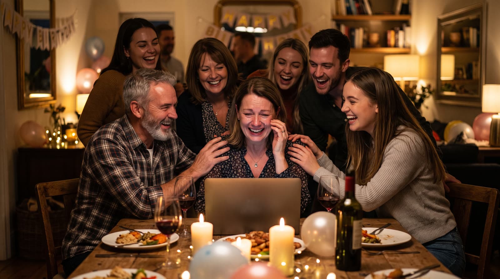 A woman laughing with happy tears at a surprise birthday dinner as family and friends watch a laptop with her