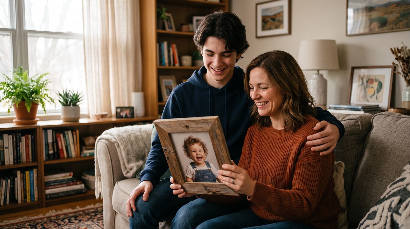 A mother holding a framed toddler photo of her son while the same son, now a teenager, hugs her