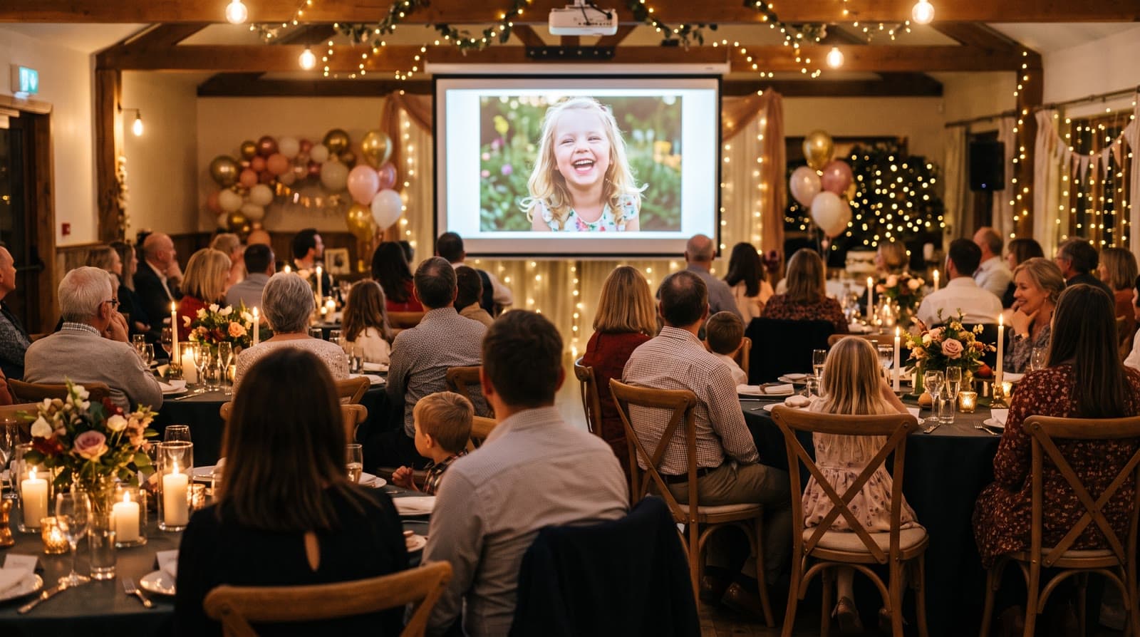 Families seated at round tables in a warm event hall watching a photo of a little girl on a big screen