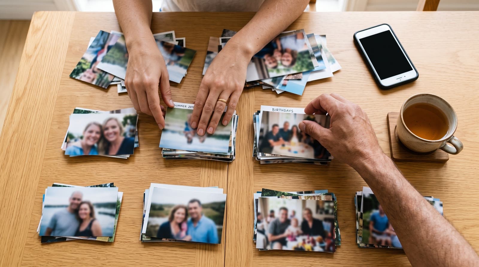 Hands sorting printed family photos into piles on a wooden table next to a phone and a cup of tea