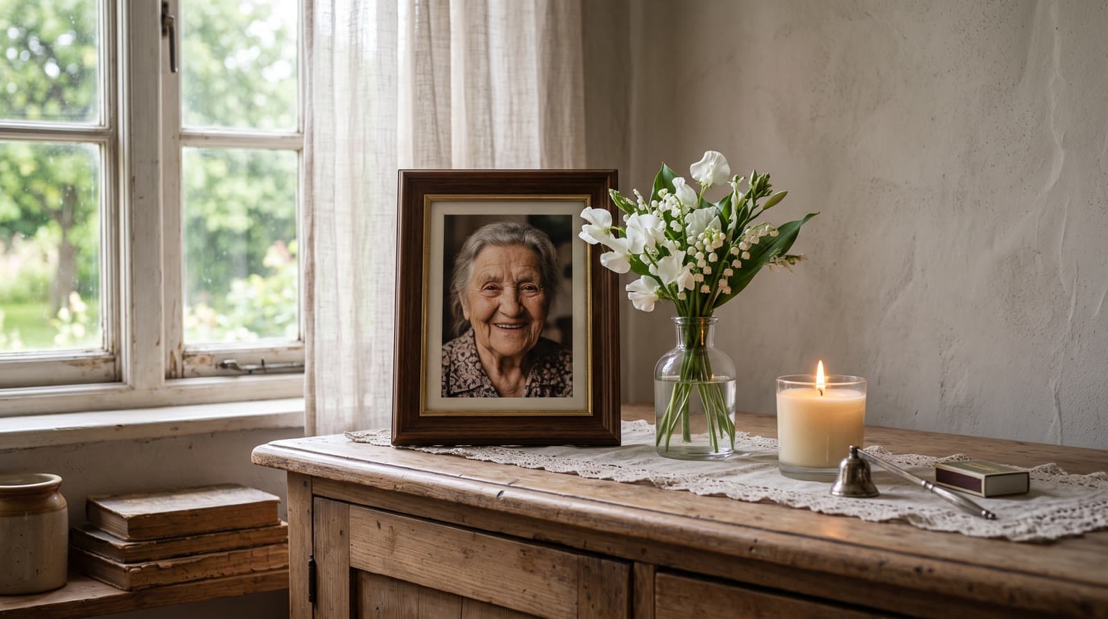 A framed portrait of a smiling elderly woman beside white flowers and a lit candle by a window