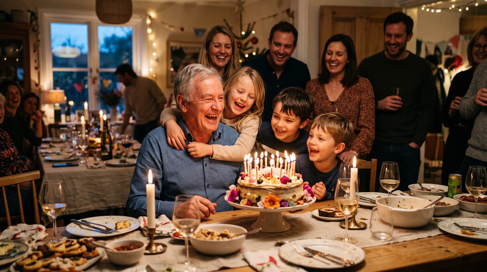 A grandfather laughing with his grandchildren around a birthday cake at a family dinner