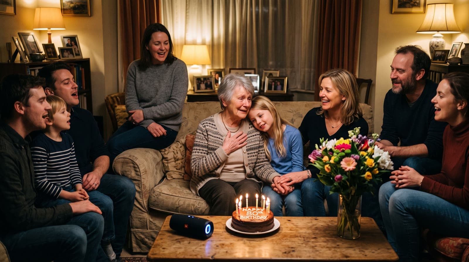 A grandmother with her hand on her heart, listening with her family around her at her 80th birthday, a granddaughter leaning on her shoulder