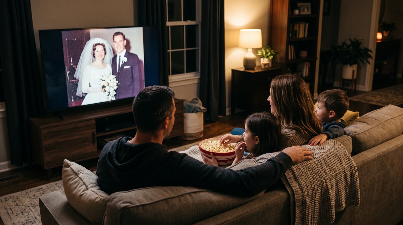 A family on a sofa with popcorn watching an old wedding photo on the TV