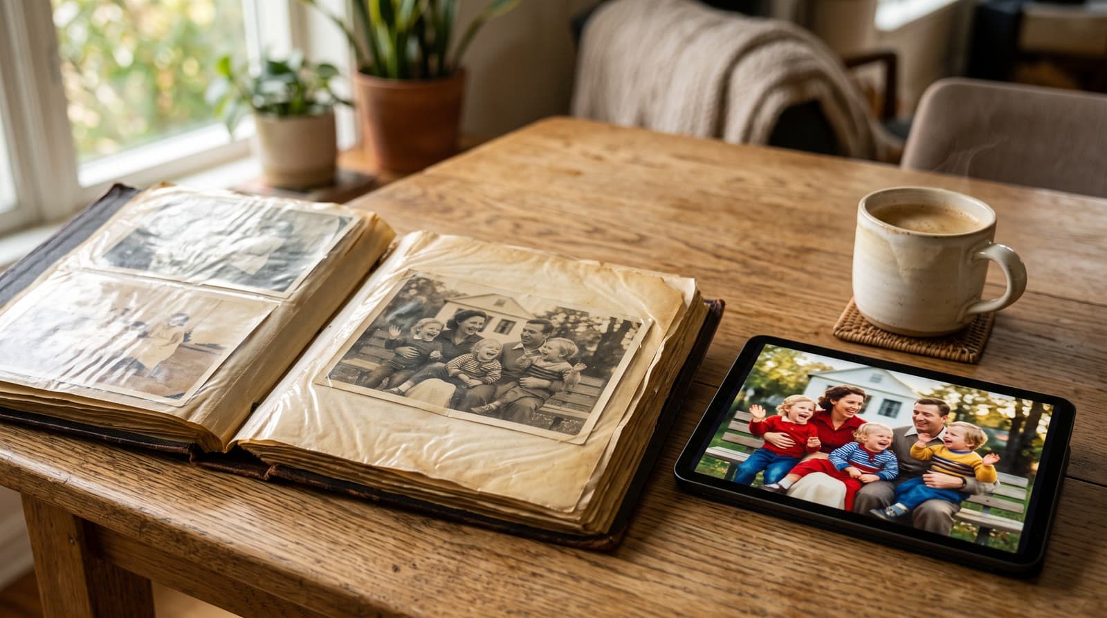 An open vintage photo album with a black and white family photo, next to a tablet showing the same photo in color