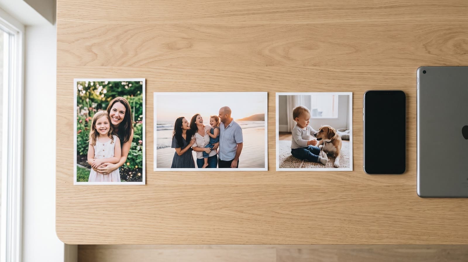 Three printed family photos in portrait, landscape and square shapes next to a phone and a tablet