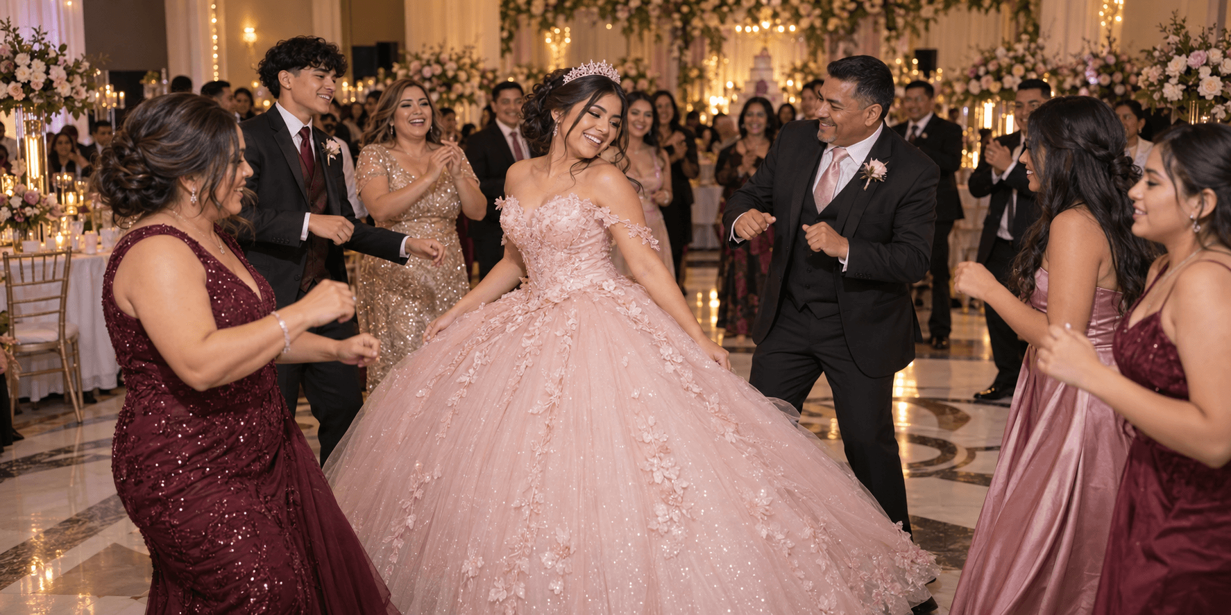 A quinceañera in a pink ball gown dancing with her family at her celebration