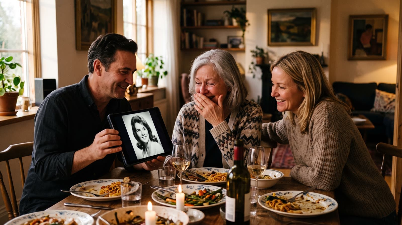 Two grown children showing their mother a photo of her as a young woman on a tablet at dinner, and she is moved