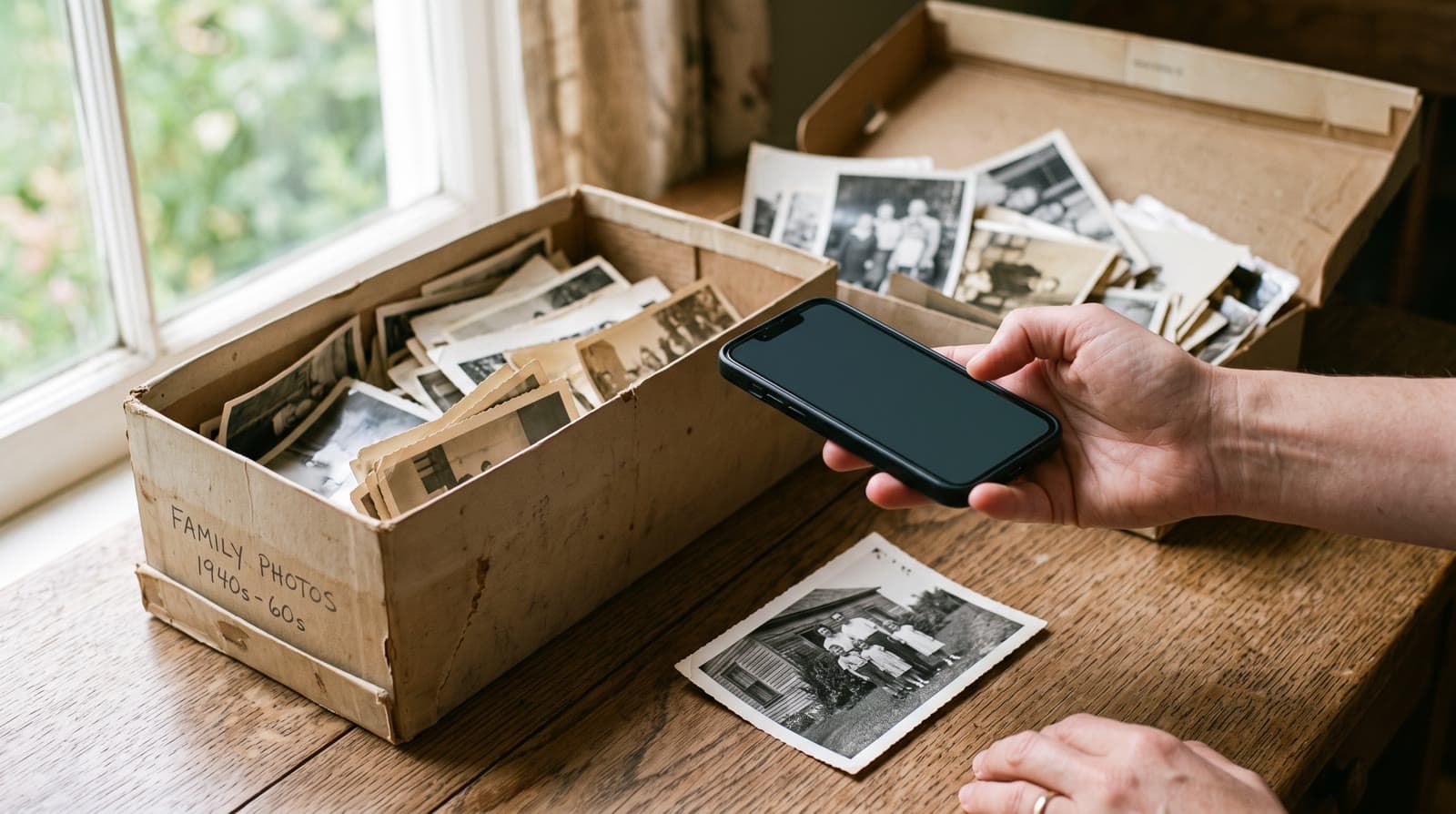 A box of vintage family photos by a window and a hand photographing an old print with a phone