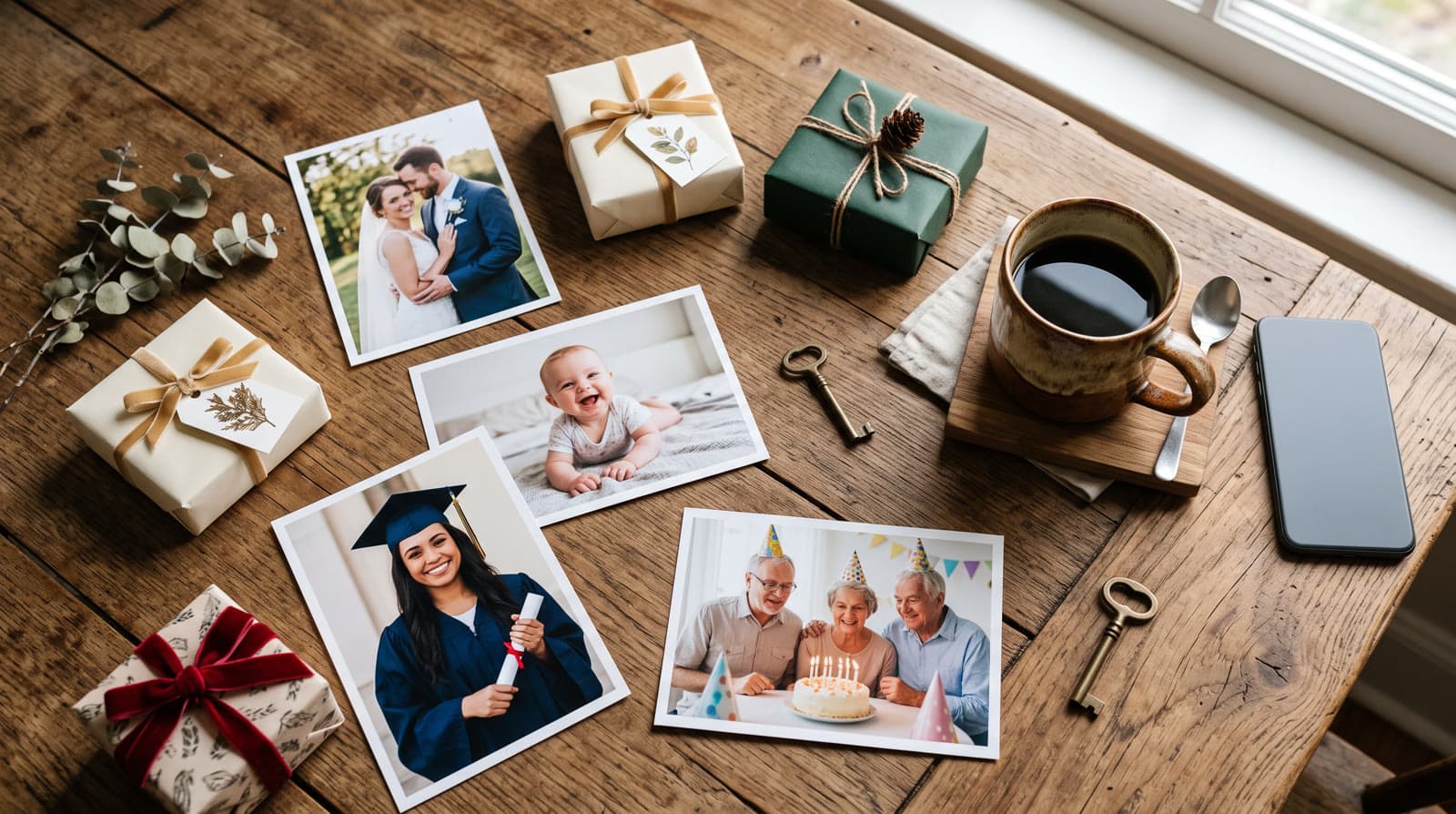 Printed family photos from different occasions next to small wrapped gifts and a cup of coffee on a wooden table