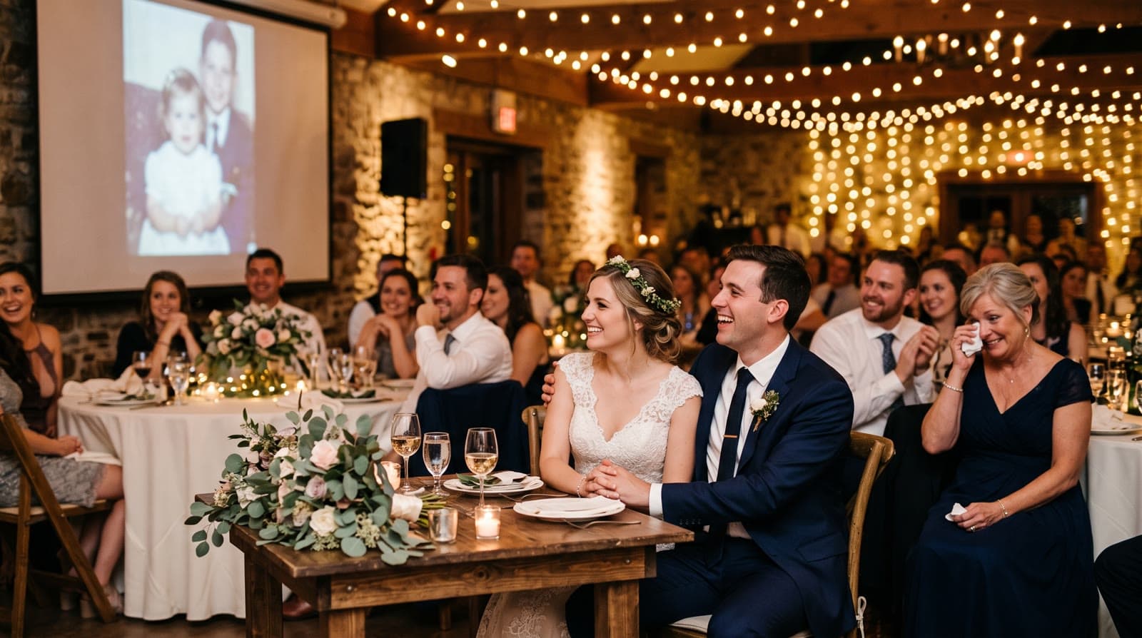 A bride and groom laughing at their reception table while a childhood photo plays on the screen behind them and a mother wipes a tear